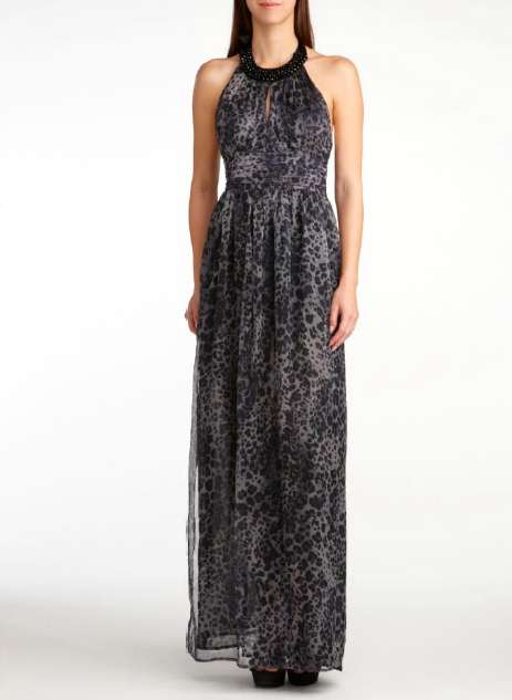 Eric Daman Charlotte Russe Leopard Printed Chiffon Maxi Dress with Embellished Neck and High Slit