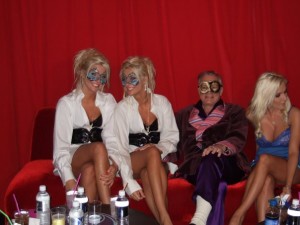 Shannon Twins with Hugh Hefner at the Playboy Mansion. Photo Credit: Kristen Colapinto