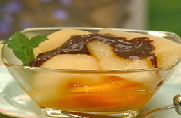 Orange Poached Pears with Fudge Sauce