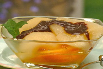 Orange Poached Pears with Fudge Sauce