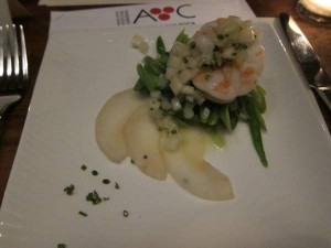 Nest of Green Beans with Fresh Pear Salad and Prawns.
